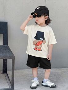 SHEIN 2pcs/Set Young Boy Kids Cute Bear Pattern Embroidered T-Shirt & Yellow Waffle Shorts,Summer Matching Family Vacation Casual Loose Fit Japanese Style - Multicolor - View 2