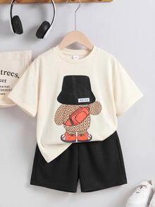 SHEIN 2pcs/Set Young Boy Kids Cute Bear Pattern Embroidered T-Shirt & Yellow Waffle Shorts,Summer Matching Family Vacation Casual Loose Fit Japanese Style - Multicolor - View 8