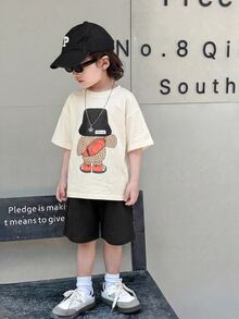 SHEIN 2pcs/Set Young Boy Kids Cute Bear Pattern Embroidered T-Shirt & Yellow Waffle Shorts,Summer Matching Family Vacation Casual Loose Fit Japanese Style - Multicolor - View 5