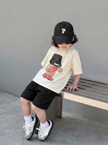 SHEIN 2pcs/Set Young Boy Kids Cute Bear Pattern Embroidered T-Shirt & Yellow Waffle Shorts,Summer Matching Family Vacation Casual Loose Fit Japanese Style - Multicolor - View 6