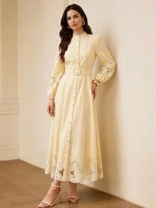 ZEYLAH Linen Hollow Embroidered Elegant A-Line Dress, Spring/Summer - Light Yellow - View 5