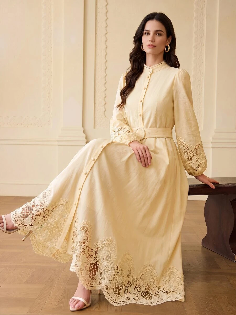 ZEYLAH Linen Hollow Embroidered Elegant A-Line Dress, Spring/Summer - Light Yellow - View 1