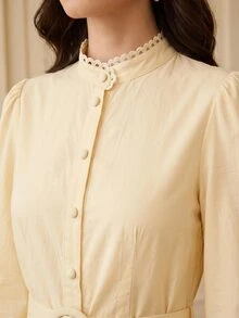 ZEYLAH Linen Hollow Embroidered Elegant A-Line Dress, Spring/Summer - Light Yellow - View 2