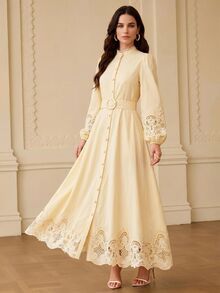 ZEYLAH Linen Hollow Embroidered Elegant A-Line Dress, Spring/Summer - Light Yellow - View 3