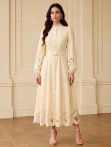 ZEYLAH Linen Hollow Embroidered Elegant A-Line Dress, Spring/Summer - Light Yellow - View 4
