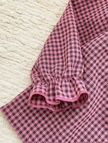 SHEIN 2件組女童幼兒夏秋/秋冬居家服套裝，甜酷風黑粉格紋可愛荷葉邊長袖上衣與長褲，柔軟舒適 - 粉色 - 查看 4