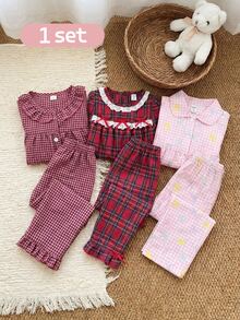 SHEIN 2件組女童幼兒夏秋/秋冬居家服套裝，甜酷風黑粉格紋可愛荷葉邊長袖上衣與長褲，柔軟舒適 - 粉色 - 查看 8