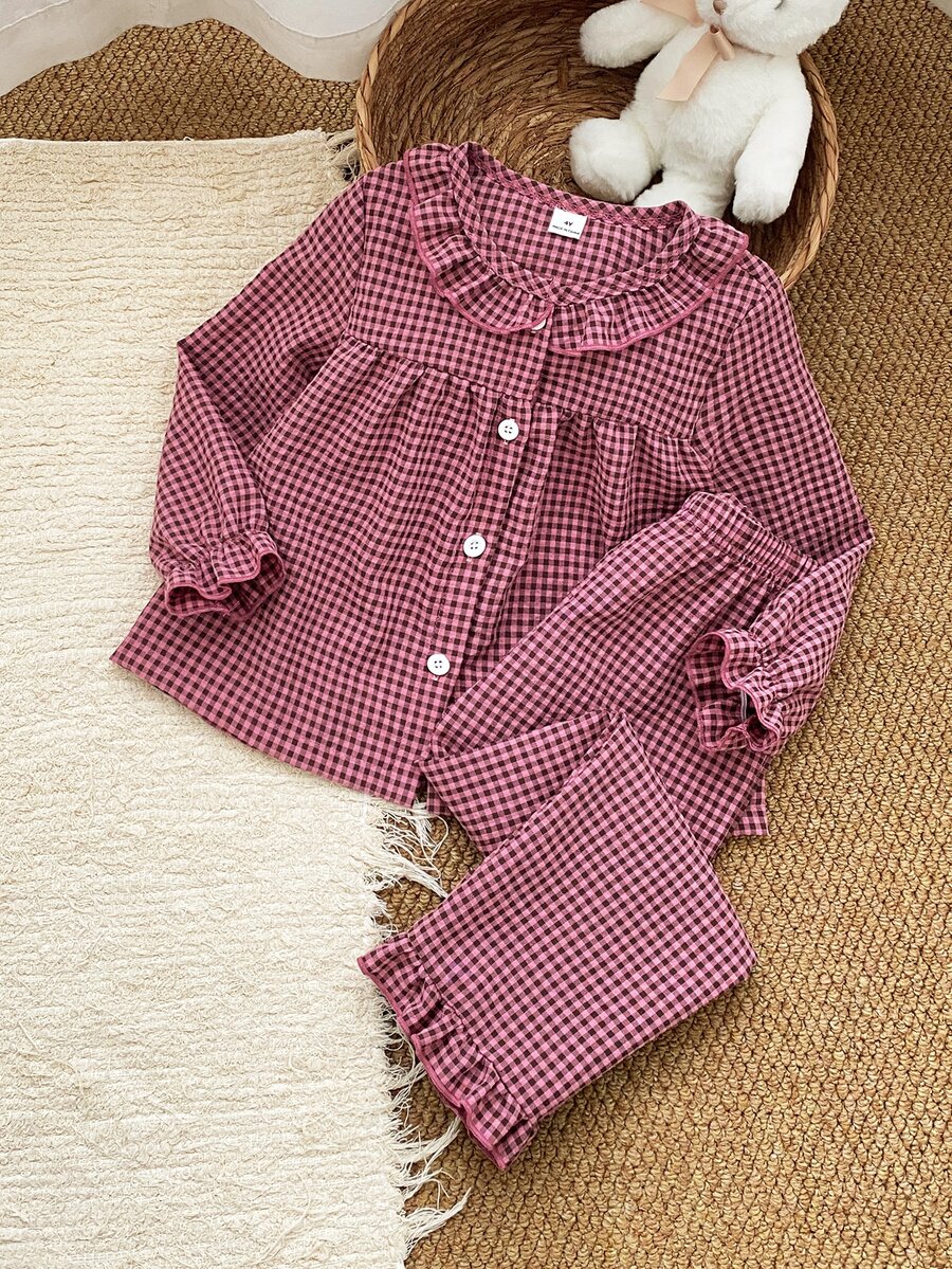 SHEIN 2件組女童幼兒夏秋/秋冬居家服套裝,甜酷風黑粉格紋可愛荷葉邊長袖上衣與長褲,柔軟舒適 - 粉色 - 查看 1