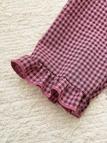 SHEIN 2件組女童幼兒夏秋/秋冬居家服套裝，甜酷風黑粉格紋可愛荷葉邊長袖上衣與長褲，柔軟舒適 - 粉色 - 查看 6