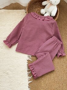 SHEIN 2件組女童幼兒夏秋/秋冬居家服套裝，甜酷風黑粉格紋可愛荷葉邊長袖上衣與長褲，柔軟舒適 - 粉色 - 查看 2