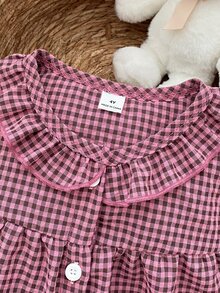 SHEIN 2件組女童幼兒夏秋/秋冬居家服套裝，甜酷風黑粉格紋可愛荷葉邊長袖上衣與長褲，柔軟舒適 - 粉色 - 查看 3