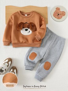 Cozy Pixies 小男孩秋冬保暖內裡加厚卡通小狗圖案3D耳朵裝飾針織柔軟圓領長袖套頭衛衣＋鬆緊腰收口拼接運動長褲2件套，休閒可愛簡約基礎款，適合日常穿著、戶外滑雪、開學季、玩耍、派對、假日 - 彩色 - 查看 3