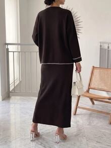 Veilorie Setelan 2 Potong Atasan Lengan Panjang dan Rok Rajut Motif Blok Warna untuk Wanita - Coffee Brown - View 2