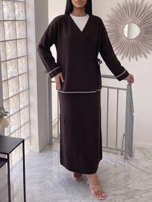 Veilorie Setelan 2 Potong Atasan Lengan Panjang dan Rok Rajut Motif Blok Warna untuk Wanita - Coffee Brown - View 7