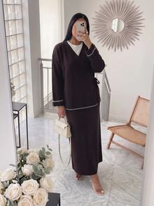 Veilorie Setelan 2 Potong Atasan Lengan Panjang dan Rok Rajut Motif Blok Warna untuk Wanita - Coffee Brown - View 5