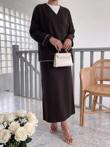 Veilorie Setelan 2 Potong Atasan Lengan Panjang dan Rok Rajut Motif Blok Warna untuk Wanita - Coffee Brown - View 1