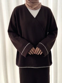 Veilorie Setelan 2 Potong Atasan Lengan Panjang dan Rok Rajut Motif Blok Warna untuk Wanita - Coffee Brown - View 6