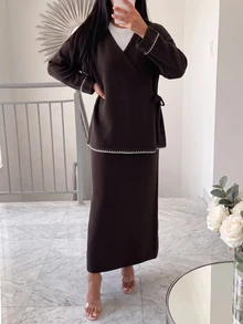 Veilorie Setelan 2 Potong Atasan Lengan Panjang dan Rok Rajut Motif Blok Warna untuk Wanita - Coffee Brown - View 3