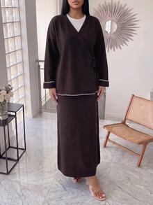 Veilorie Setelan 2 Potong Atasan Lengan Panjang dan Rok Rajut Motif Blok Warna untuk Wanita - Coffee Brown - View 4
