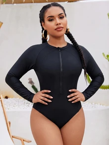 SHEIN Swim Curve 大尺碼女款連身前拉鍊隨機印花長袖修身衝浪運動泳衣，適合海灘度假、騎單車、泳池游泳，黑色夏季款 - 黑色 - 查看 3