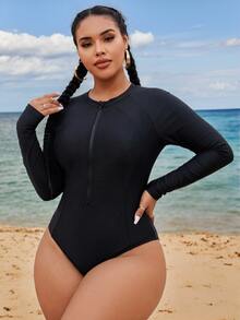 SHEIN Swim Curve 大尺碼女款連身前拉鍊隨機印花長袖修身衝浪運動泳衣，適合海灘度假、騎單車、泳池游泳，黑色夏季款 - 黑色 - 查看 5