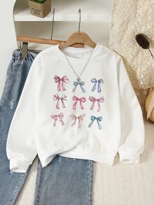SHEIN 少女 9-Bow 蝴蝶結印花休閒可愛流蘇圓領衛衣，秋冬校園白色 - 白色 - 查看 1