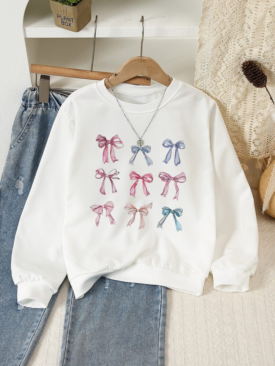 SHEIN 少女 9-Bow 蝴蝶結印花休閒可愛流蘇圓領衛衣,秋冬校園白色 - 白色 - 查看 1