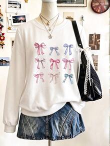SHEIN 少女 9-Bow 蝴蝶結印花休閒可愛流蘇圓領衛衣，秋冬校園白色 - 白色 - 查看 5