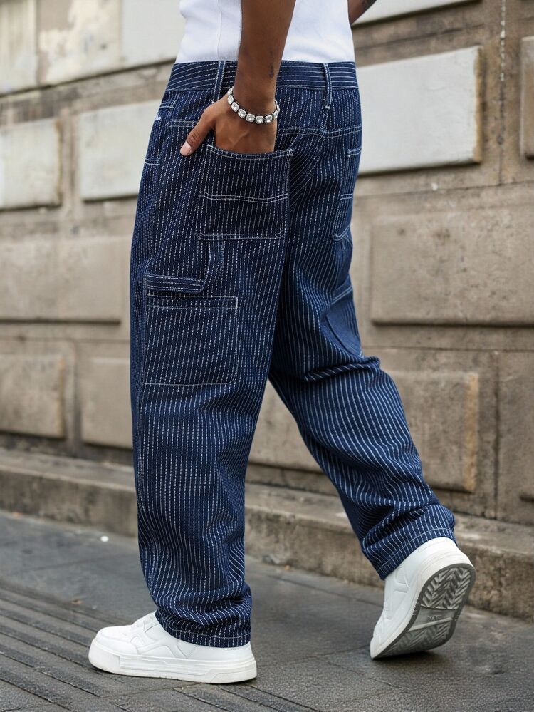 GALLERY FADE Men's Streetwear Street Casual Embroidered Vertical Stripe Navy Blue And White Denim Jeans Vacation Holiday Summer - Dark Wash - View 6