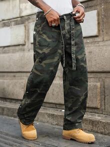 GALLERY FADE 男士街頭風休閒拼接腰帶迷彩牛仔長褲 - 軍綠色 - 查看 4