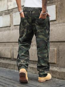 GALLERY FADE 男士街頭風休閒拼接腰帶迷彩牛仔長褲 - 軍綠色 - 查看 2