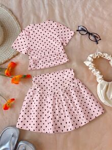 SHEIN Elladie kids 2件組女孩波點荷葉邊短袖T恤與休閒時尚裙套裝，夏季 - 粉色 - 查看 2