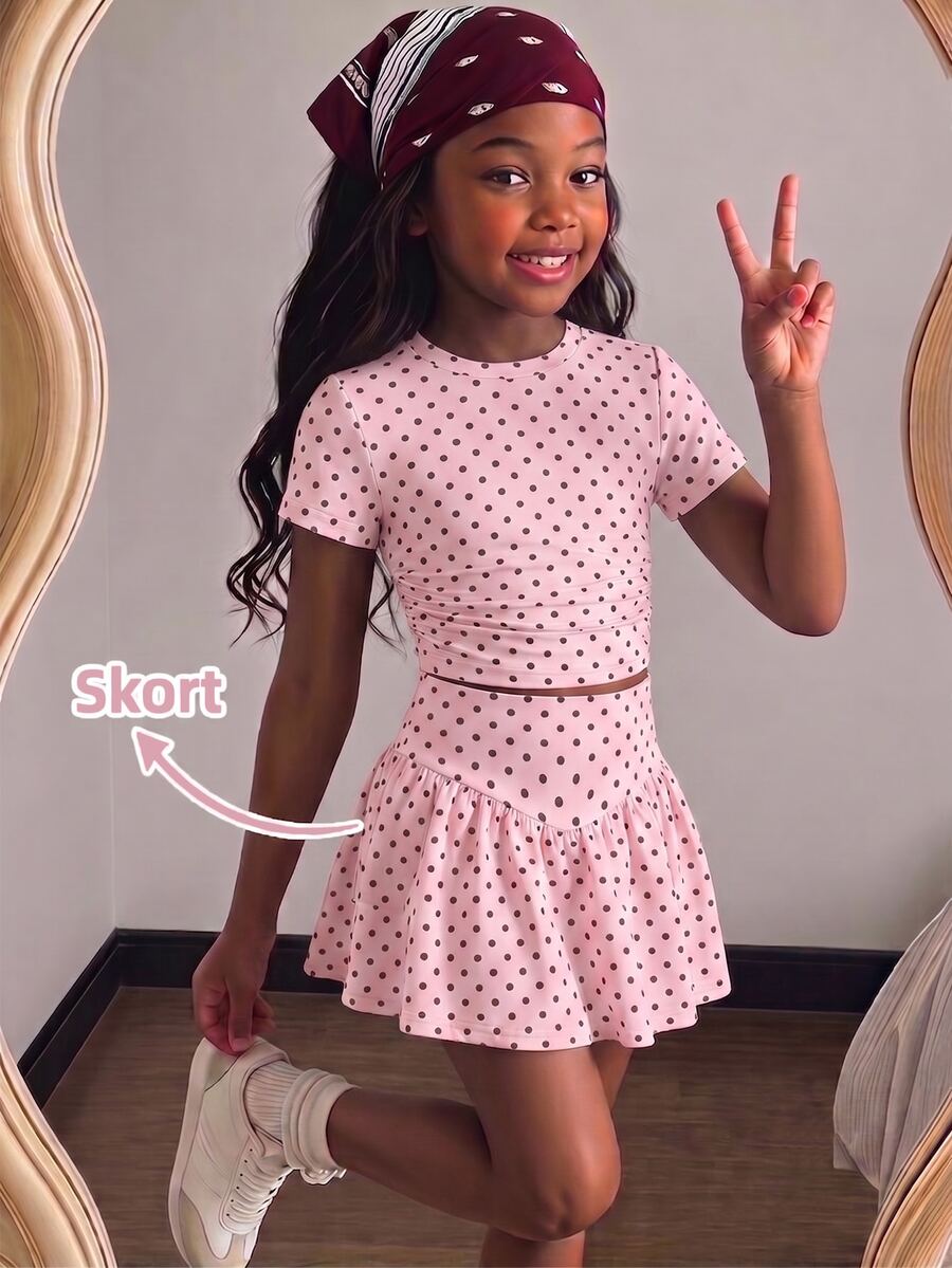 SHEIN Elladie kids 2件組女孩波點荷葉邊短袖T恤與休閒時尚裙套裝,夏季 - 粉色 - 查看 1