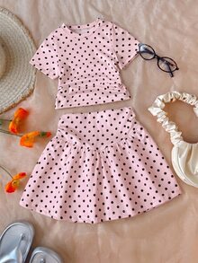 SHEIN Elladie kids 2件組女孩波點荷葉邊短袖T恤與休閒時尚裙套裝，夏季 - 粉色 - 查看 5