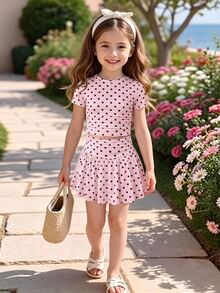 SHEIN Elladie kids 2件組女孩波點荷葉邊短袖T恤與休閒時尚裙套裝，夏季 - 粉色 - 查看 3