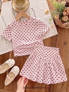SHEIN Elladie kids 2件組女孩波點荷葉邊短袖T恤與休閒時尚裙套裝，夏季 - 粉色 - 查看 4