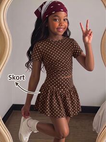 SHEIN Elladie kids 少女套裝，可愛上衣，迷你裙，秋季，秋季服飾，新秋季款式，度假，圖案T恤，波點，波點兩件套 - 咖啡棕 - 查看 1