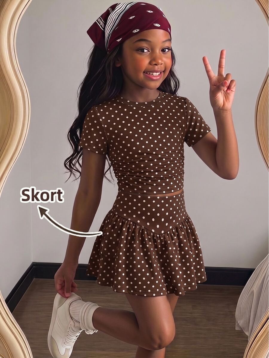 SHEIN Elladie kids 少女套裝,可愛上衣,迷你裙,秋季,秋季服飾,新秋季款式,度假,圖案T恤,波點,波點兩件套 - 咖啡棕 - 查看 1