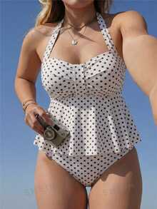 Swim Mod 2026 Spring/Summer Plus Size Women's New Halter Neck Polka Dot Print Bikini Set With Triangle Bottom, 2 Pieces Swimwear For Pool Party, Date And Beach - Multicolor - View 6