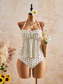 Swim Mod 2026 Spring/Summer Plus Size Women's New Halter Neck Polka Dot Print Bikini Set With Triangle Bottom, 2 Pieces Swimwear For Pool Party, Date And Beach - Multicolor - View 1