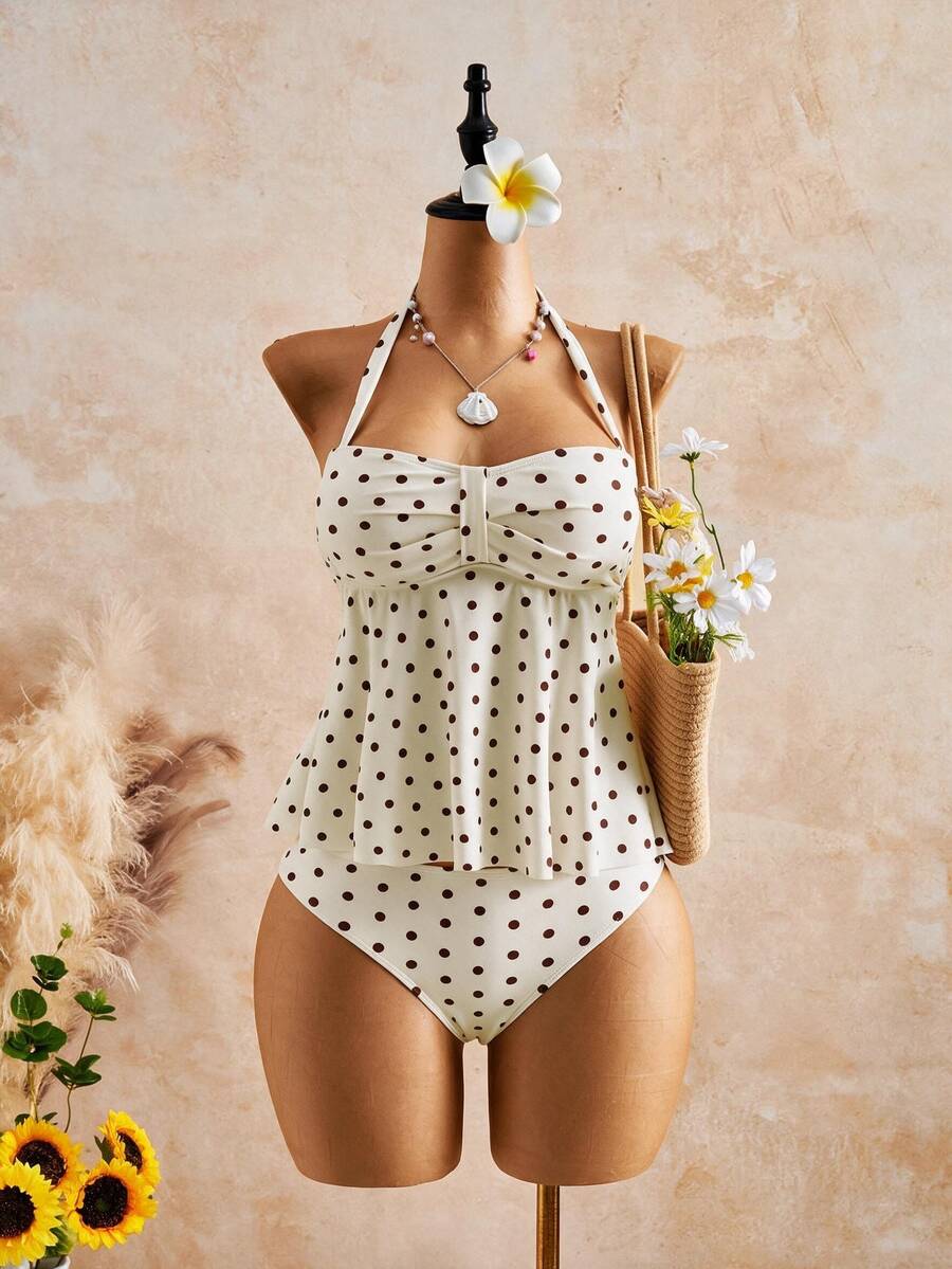 Swim Mod 2026 Spring/Summer Plus Size Women's New Halter Neck Polka Dot Print Bikini Set With Triangle Bottom, 2 Pieces Swimwear For Pool Party, Date And Beach - Multicolor - View 1
