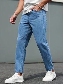 Manfinity Homme Men's Pockets Tapered Casual Versatile  Blue Jeans Jeans For Men - Medium Wash - View 3