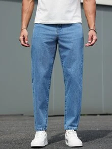 Manfinity Homme Men's Pockets Tapered Casual Versatile  Blue Jeans Jeans For Men - Medium Wash - View 7