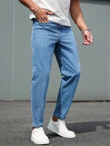 Manfinity Homme Men's Pockets Tapered Casual Versatile  Blue Jeans Jeans For Men - Medium Wash - View 8