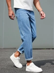 Manfinity Homme Men's Pockets Tapered Casual Versatile  Blue Jeans Jeans For Men - Medium Wash - View 5