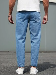 Manfinity Homme Men's Pockets Tapered Casual Versatile  Blue Jeans Jeans For Men - Medium Wash - View 2