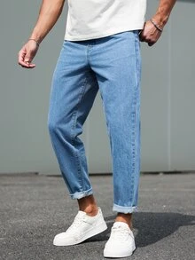 Manfinity Homme Men's Pockets Tapered Casual Versatile  Blue Jeans Jeans For Men - Medium Wash - View 6