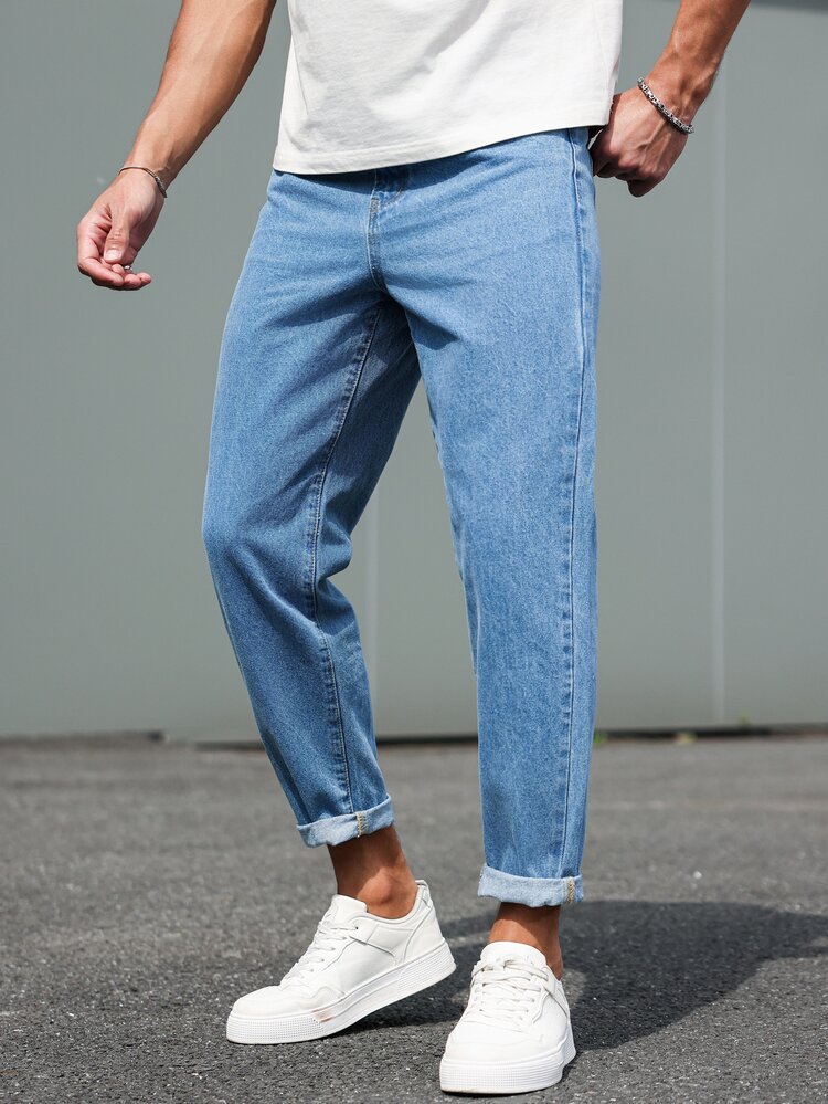 Manfinity Homme Men's Pockets Tapered Casual Versatile  Blue Jeans Jeans For Men - Medium Wash - View 6