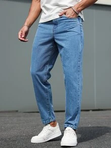Manfinity Homme Men's Pockets Tapered Casual Versatile  Blue Jeans Jeans For Men - Medium Wash - View 4