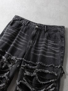 Manfinity Denimwave 男士休闲做旧毛边深灰色牛仔裤 - 黑色 - 查看 3
